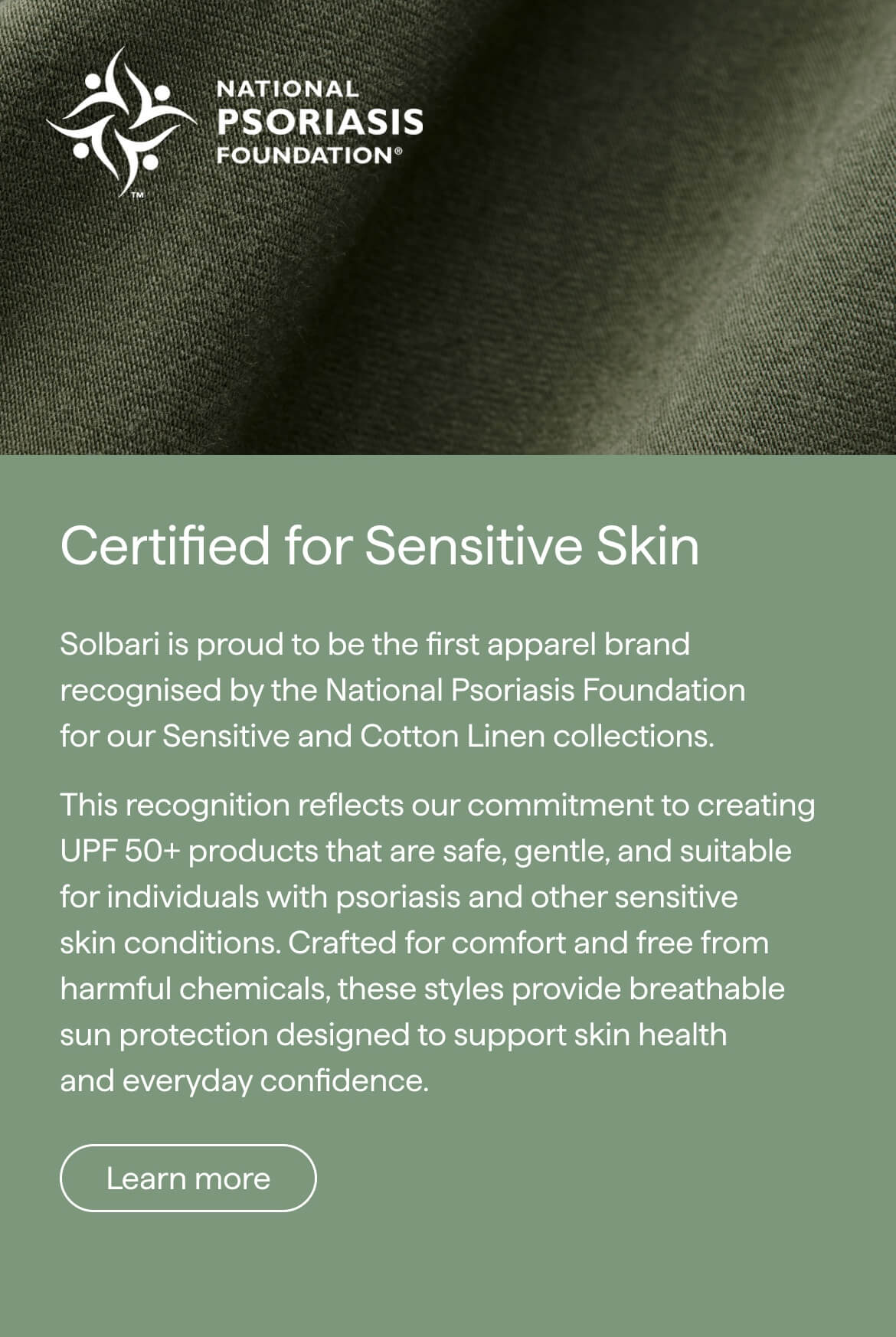 Advertisement for Solbari's Sensitive and Cotton Linen collections certified by the National Psoriasis Foundation.