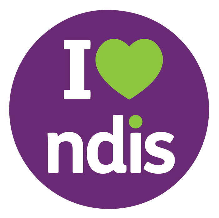 Circular logo with 'I ❤️ ndis' text on a purple background