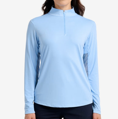Light blue long-sleeve shirt with a quarter zip on a white background.